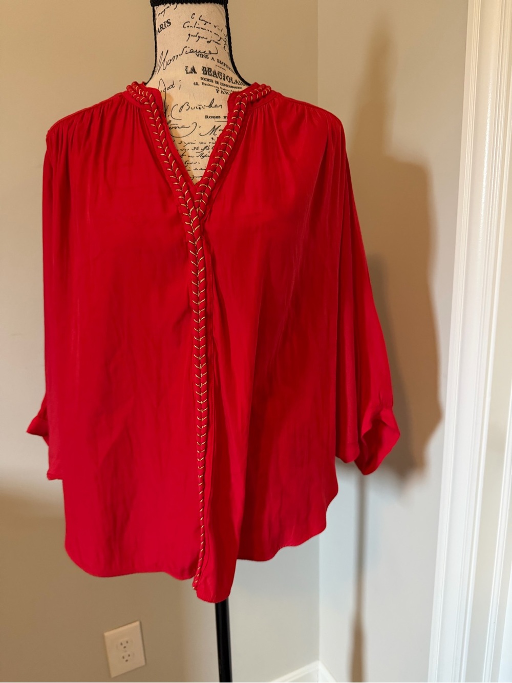 Chico’s Women's Red V-Neck Blouse with Braided Trim size Small